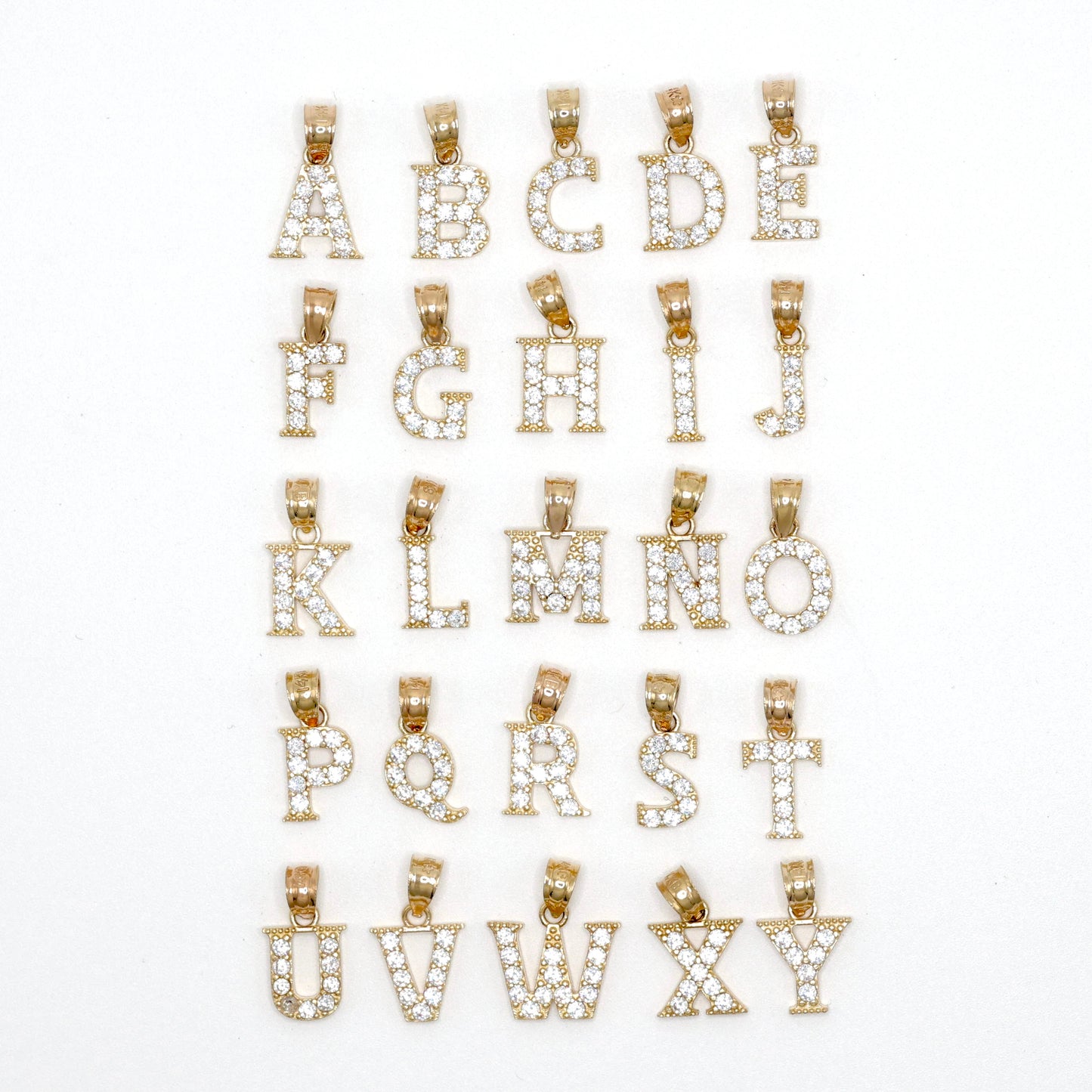 14KT GOLD SMALL LETTER PENDANTS WITH CUBIC ZIRCONIAS