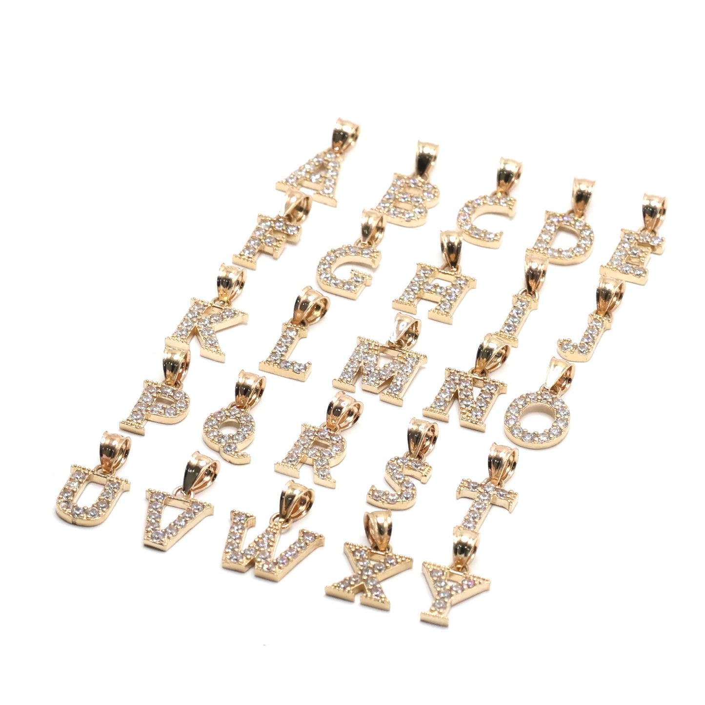14KT GOLD SMALL LETTER PENDANTS WITH CUBIC ZIRCONIAS