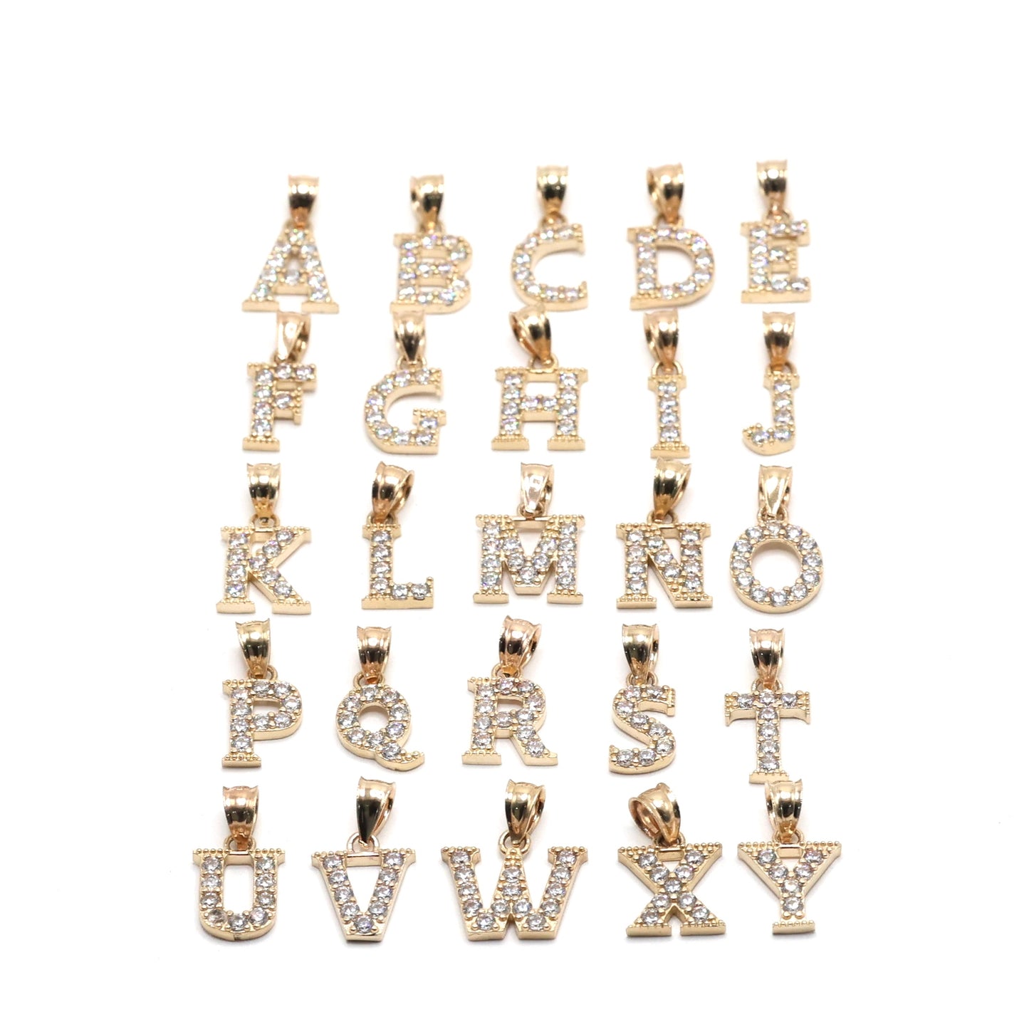 14KT GOLD SMALL LETTER PENDANTS WITH CUBIC ZIRCONIAS