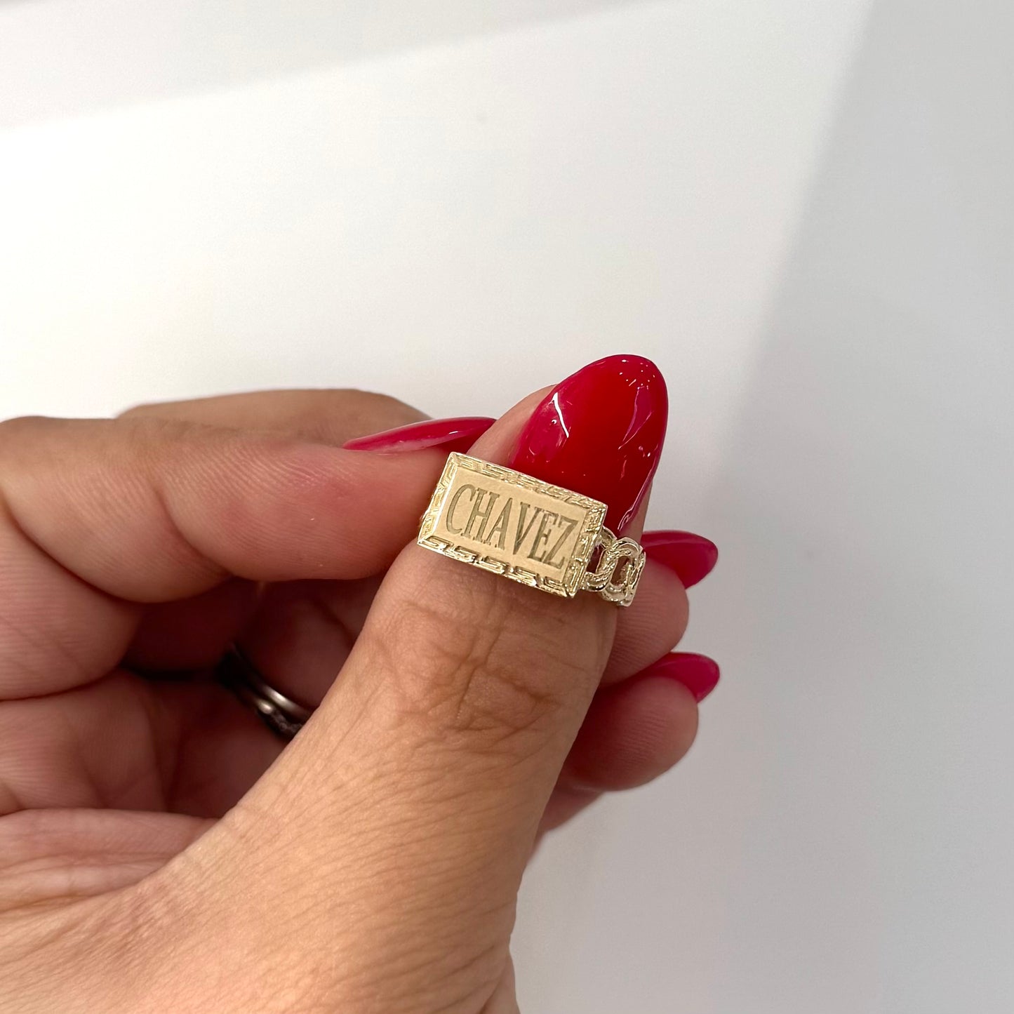 14KT GOLD RECTANGLE PLAQUE RING - FREE LASER ENGRAVING