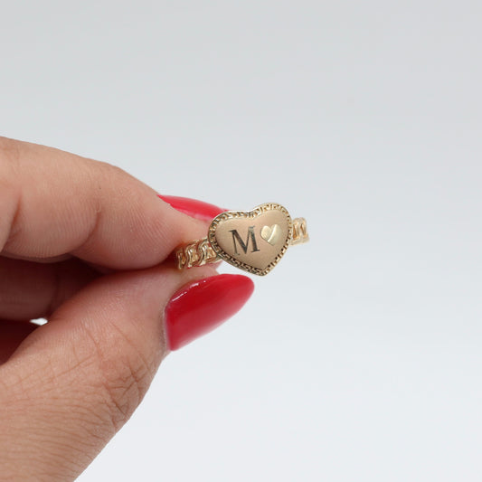 14KT GOLD HEART PLAQUE RING - FREE LASER ENGRAVING