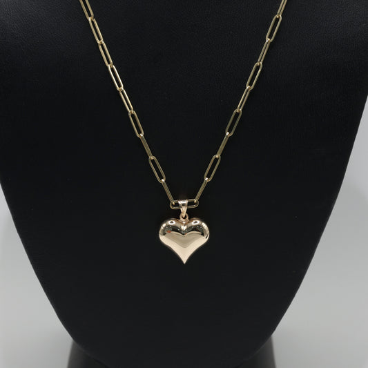 14KT GOLD HEAR PENDANT WITH PAPERCLIP CHAIN 16” SET