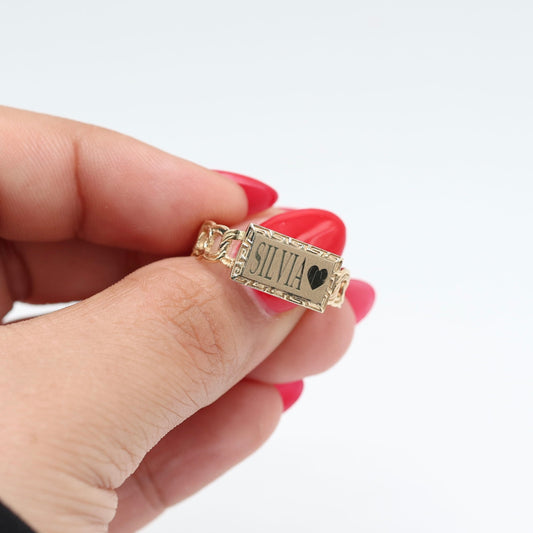 14KT GOLD RECTANGLE PLAQUE RING - FREE LASER ENGRAVING
