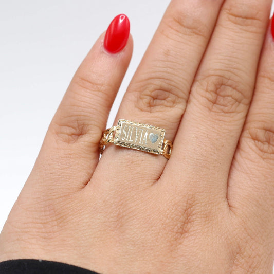 14KT GOLD RECTANGLE PLAQUE RING - FREE LASER ENGRAVING