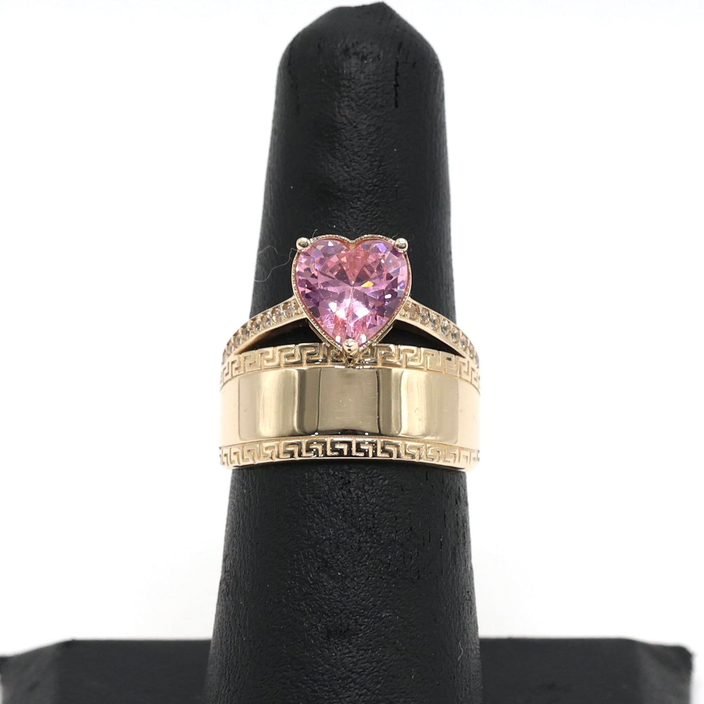 14KT GOLD CUBIC ZIRCONIA HEART PLAQUE RING 2 BAND - FREE LASER ENGRAVING
