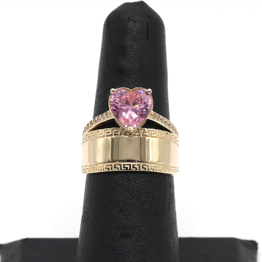14KT GOLD CUBIC ZIRCONIA HEART PLAQUE RING 2 BAND - FREE LASER ENGRAVING