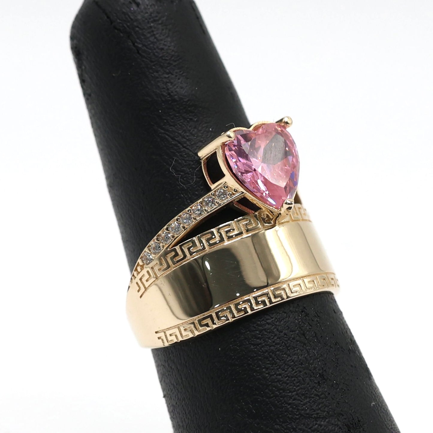 14KT GOLD CUBIC ZIRCONIA HEART PLAQUE RING 2 BAND - FREE LASER ENGRAVING