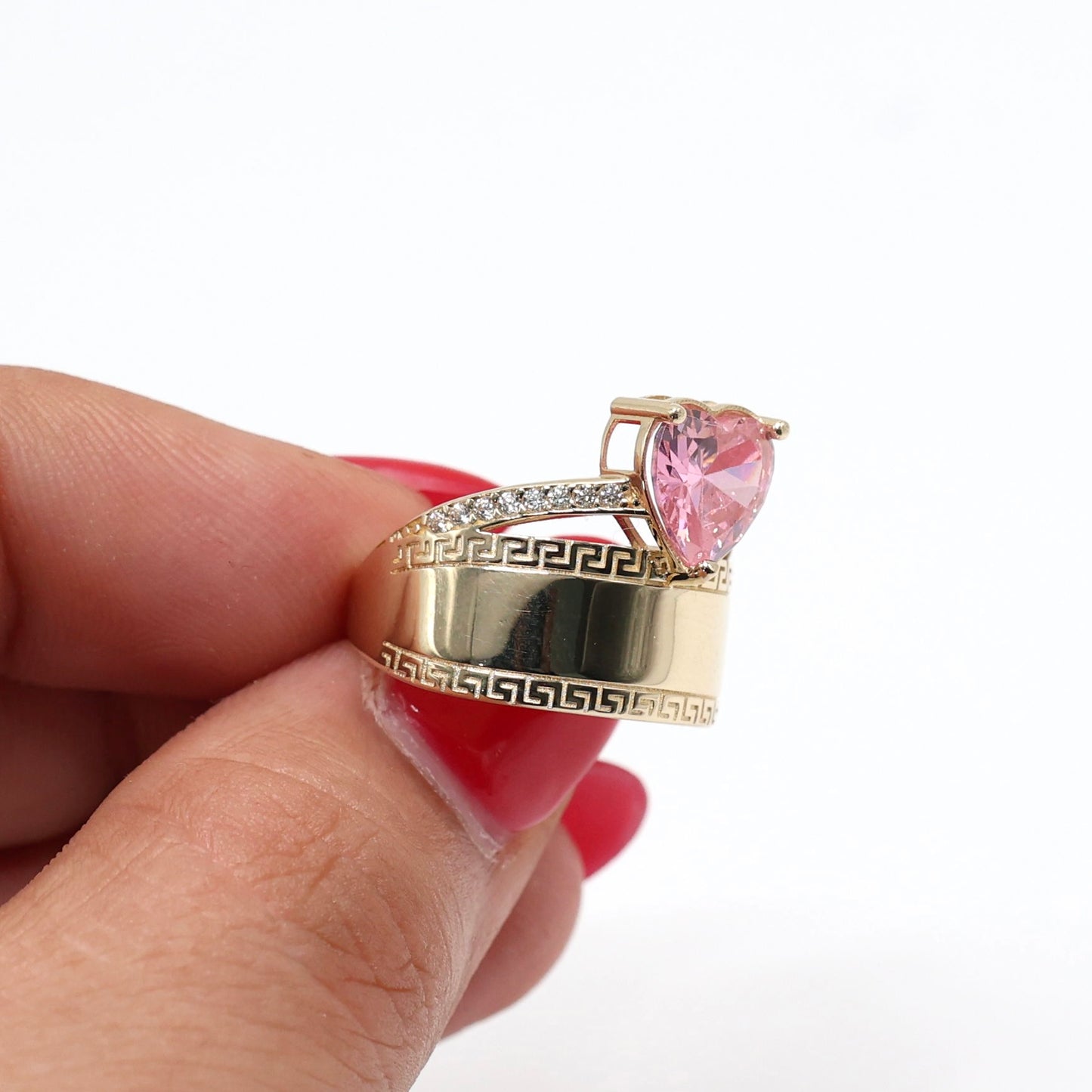 14KT GOLD CUBIC ZIRCONIA HEART PLAQUE RING 2 BAND - FREE LASER ENGRAVING