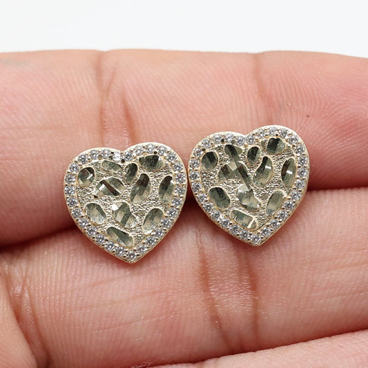 14KT GOLD NUGGET HEART STUD EARRINGS WITH CUBIC ZIRCONIA BORDER