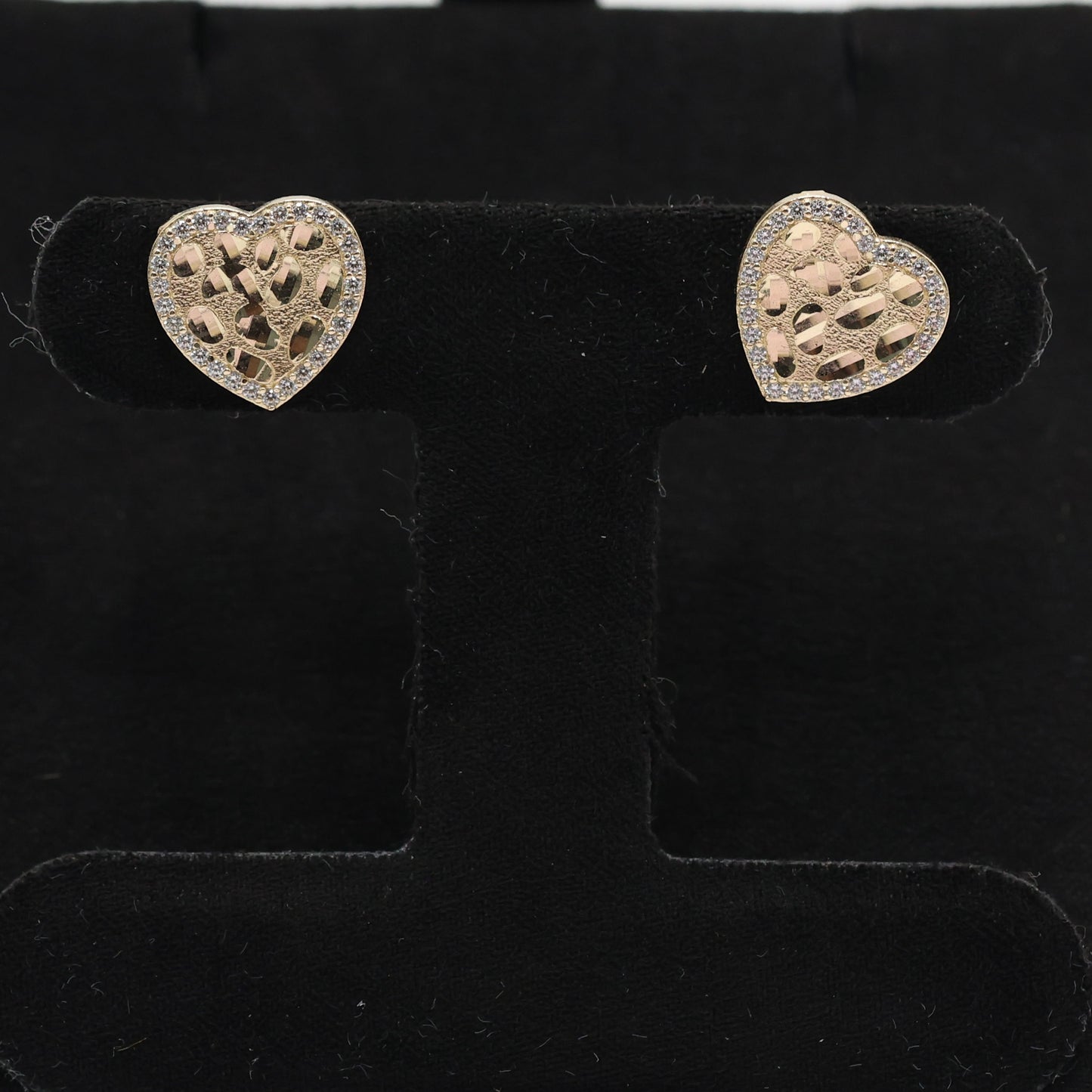14KT GOLD NUGGET HEART STUD EARRINGS WITH CUBIC ZIRCONIA BORDER