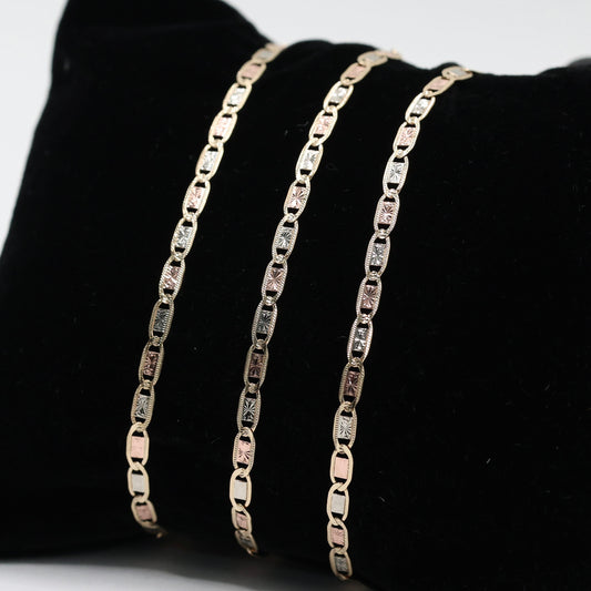14KT GOLD VALE 3 TONE SOLID BRACELET -  3 SIZES AVAILABLE