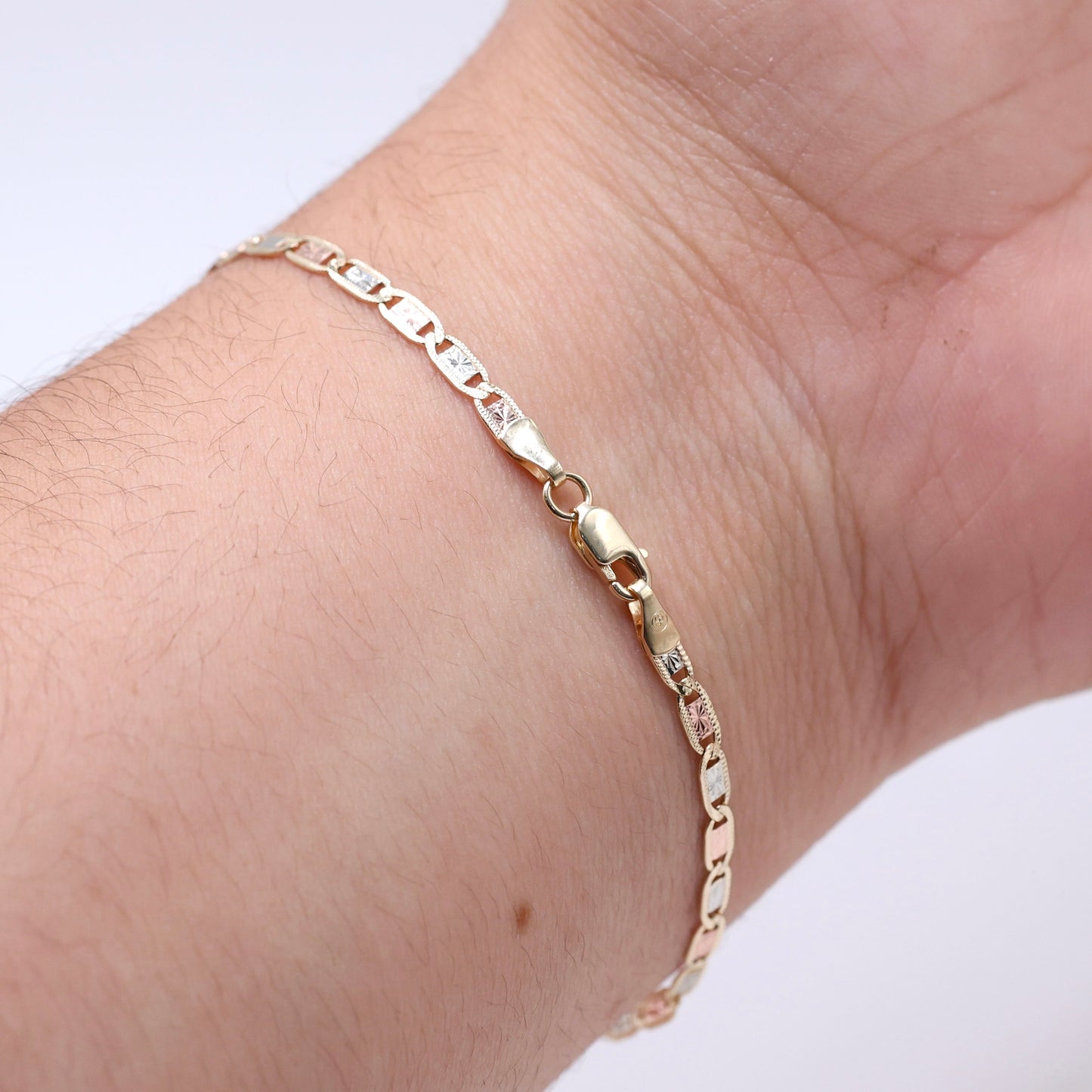 14KT GOLD VALE 3 TONE SOLID BRACELET -  3 SIZES AVAILABLE