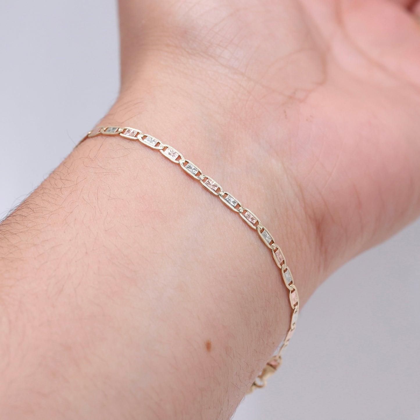 14KT GOLD VALE 3 TONE SOLID BRACELET -  3 SIZES AVAILABLE