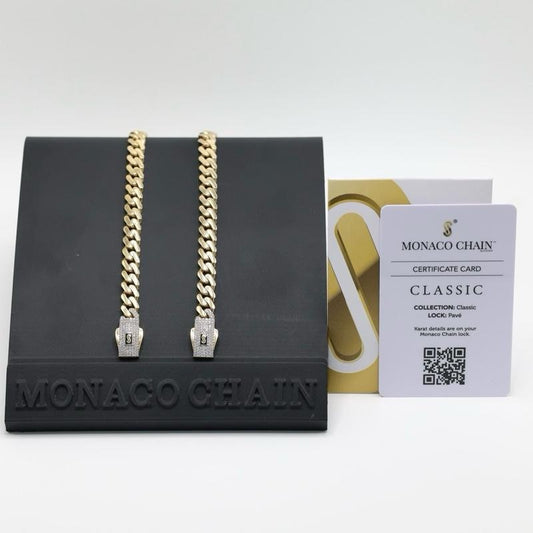 14KT GOLD 8MM MONACO CHAIN CLASSIC BRACELET CERTIFIED - PAVE LOCK