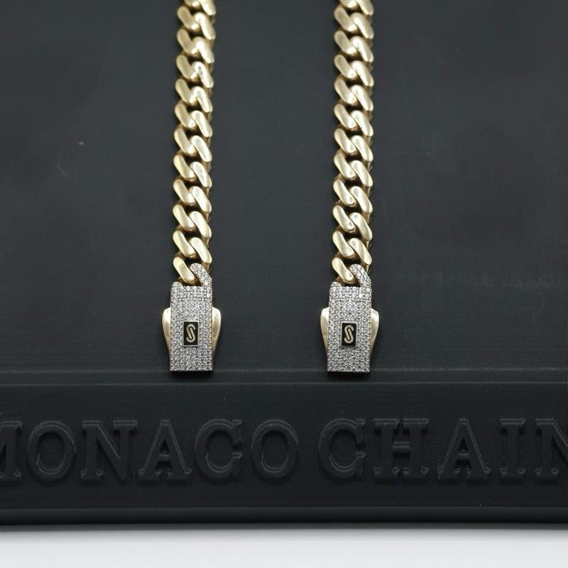 14KT GOLD 8MM MONACO CHAIN CLASSIC BRACELET CERTIFIED - PAVE LOCK