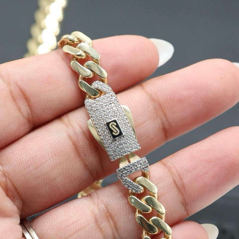 14KT GOLD 8MM MONACO CHAIN CLASSIC BRACELET CERTIFIED - PAVE LOCK