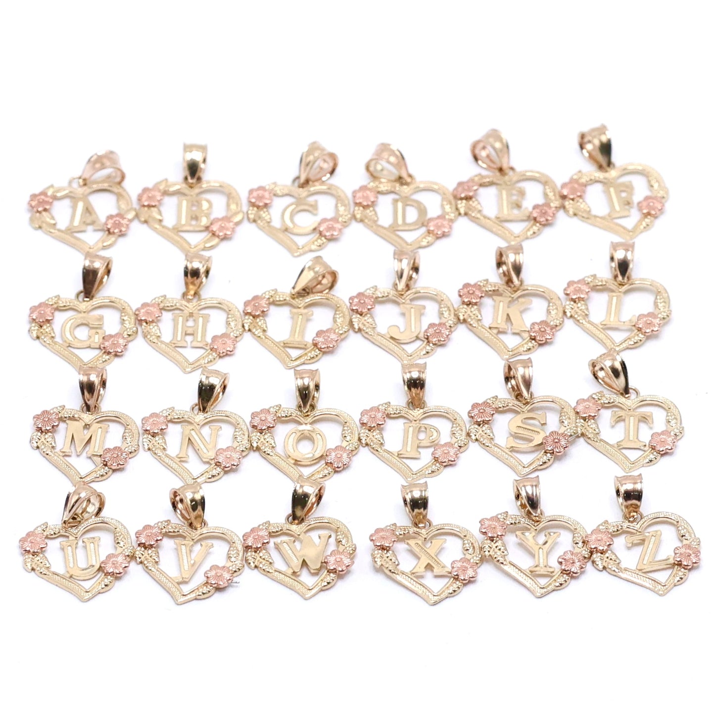14KT GOLD HEART LETTERS A-Z WITH FLOWERS