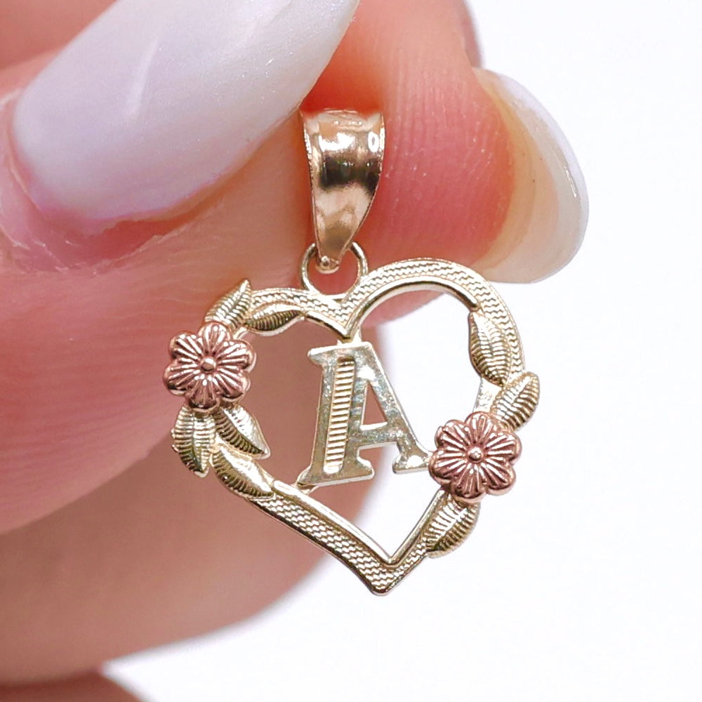 14KT GOLD HEART LETTERS A-Z WITH FLOWERS