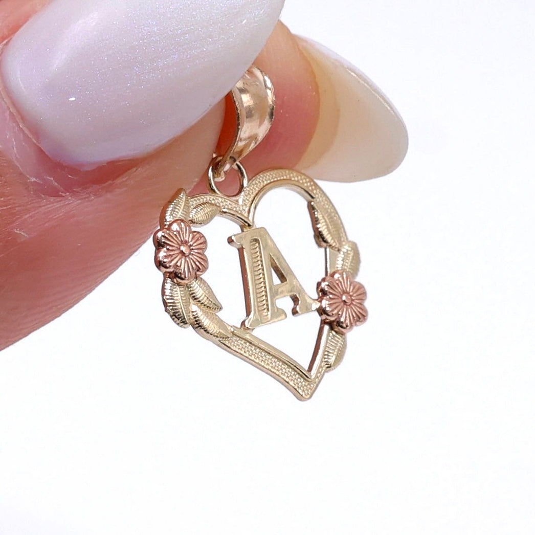 14KT GOLD HEART LETTERS A-Z WITH FLOWERS