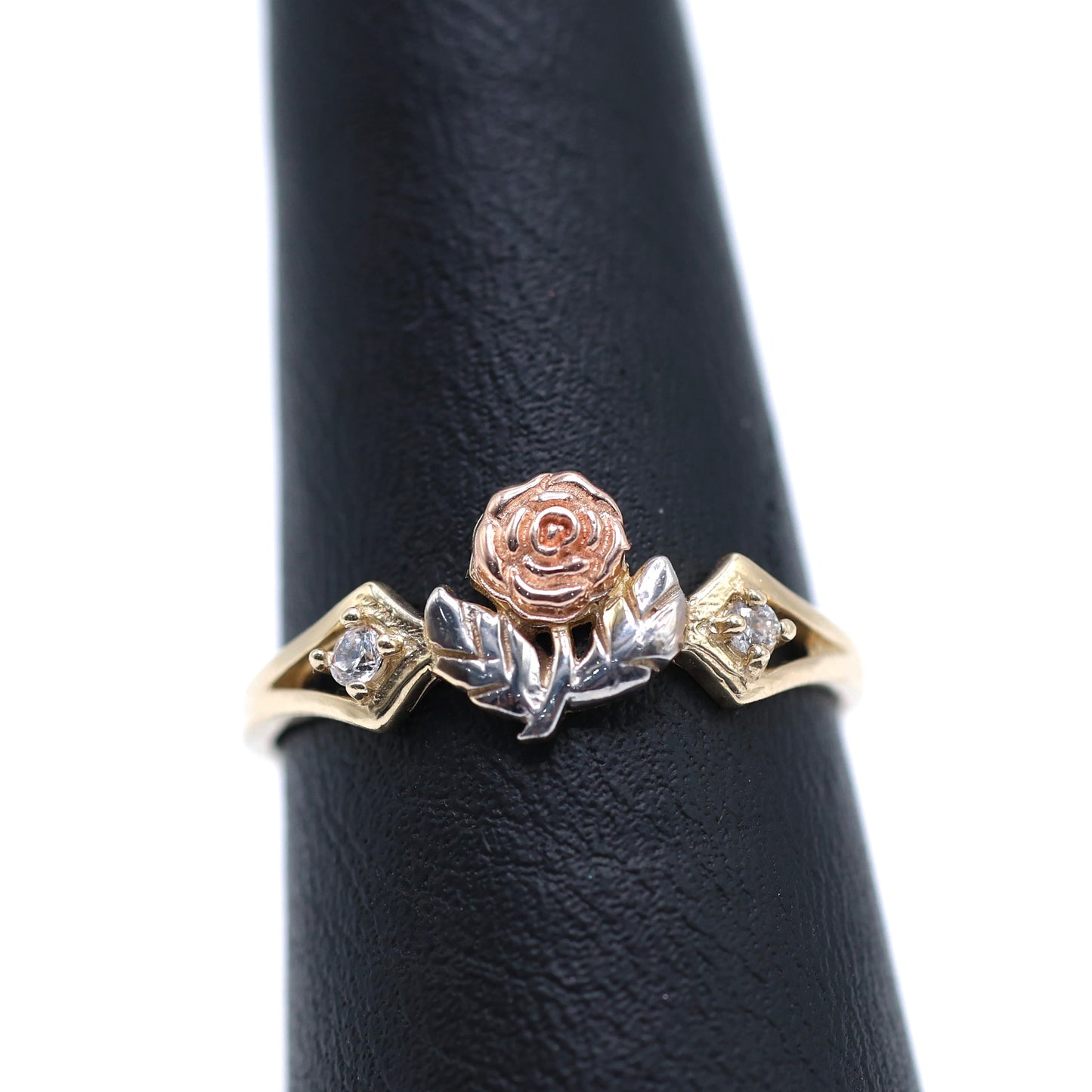 14KT GOLD TRI-TONE ROSE RING W/ CUBIC ZIRCONIA ACCENTS