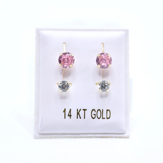 14KT GOLD ROUND PINK & WHITE CZ TELEPHONE STYLE EARRINGS