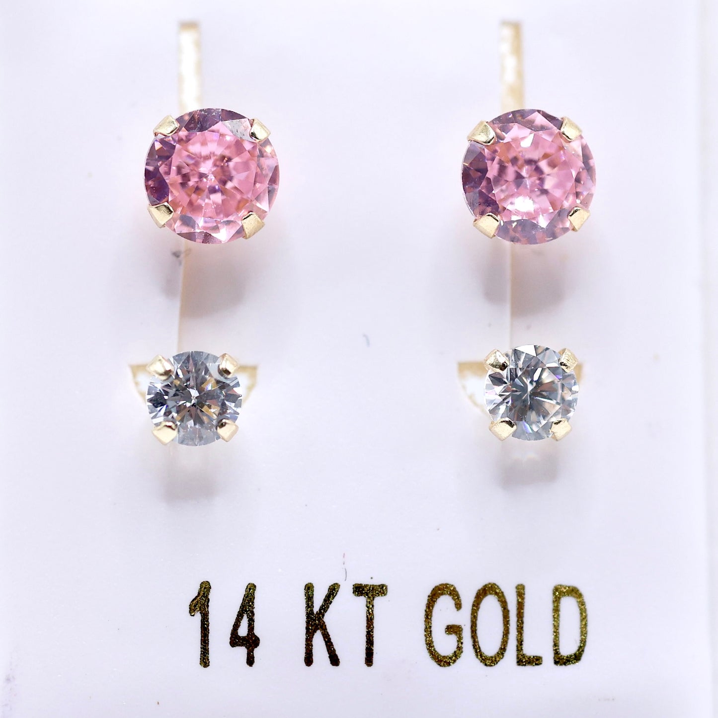 14KT GOLD ROUND PINK & WHITE CZ TELEPHONE STYLE EARRINGS