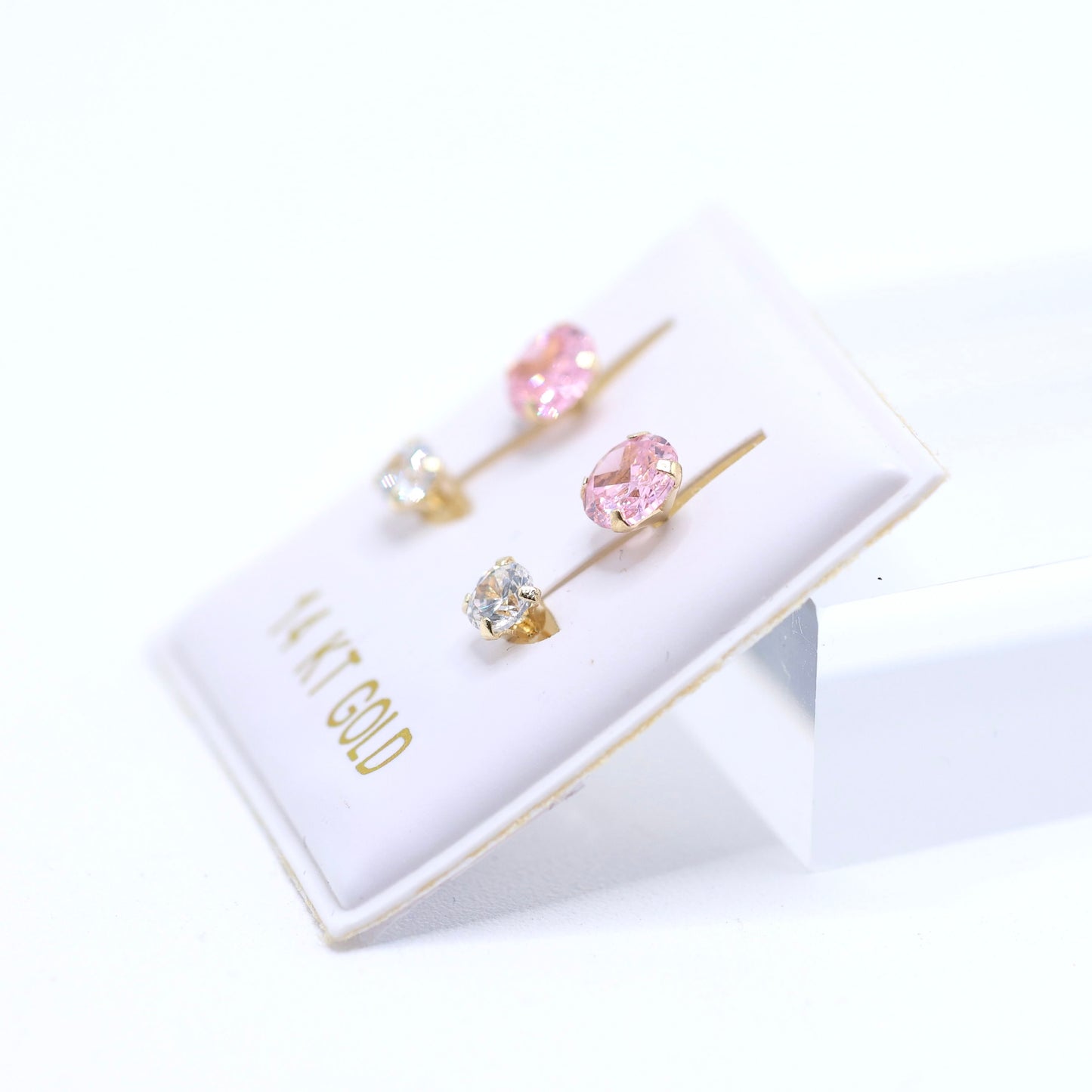 14KT GOLD ROUND PINK & WHITE CZ TELEPHONE STYLE EARRINGS