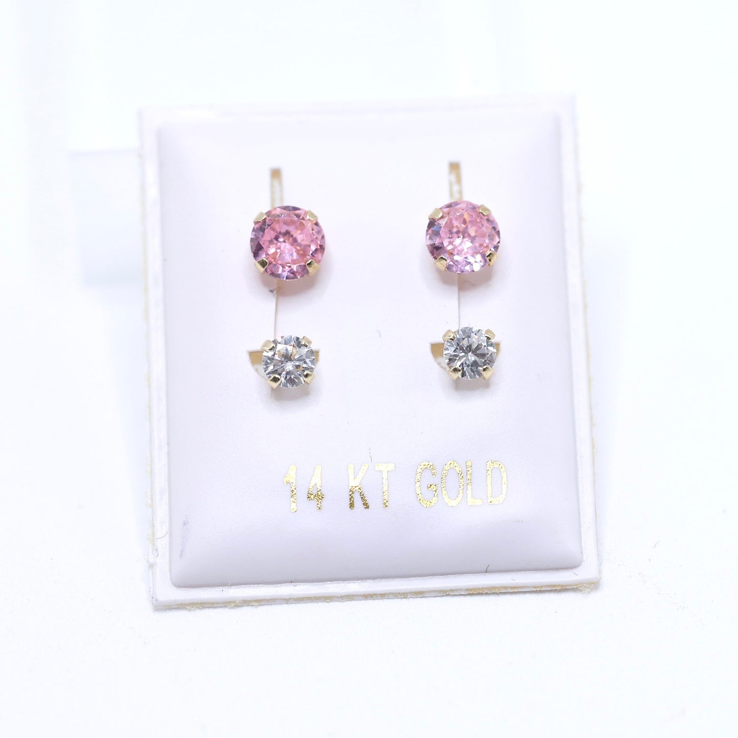 14KT GOLD ROUND PINK & WHITE CZ TELEPHONE STYLE EARRINGS