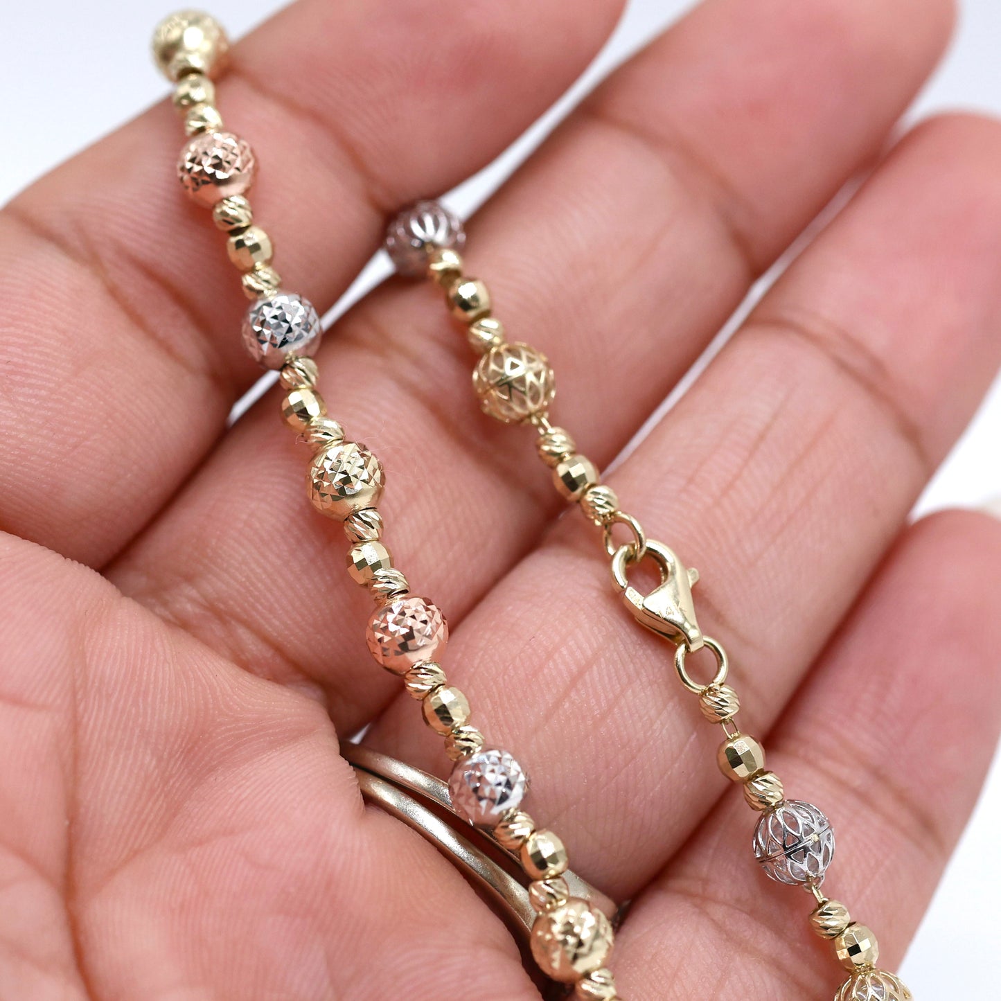 14KT GOLD 3-TONE 5MM BEAD BRACELET SEMISOLID - 2 SIZES AVAILABLE