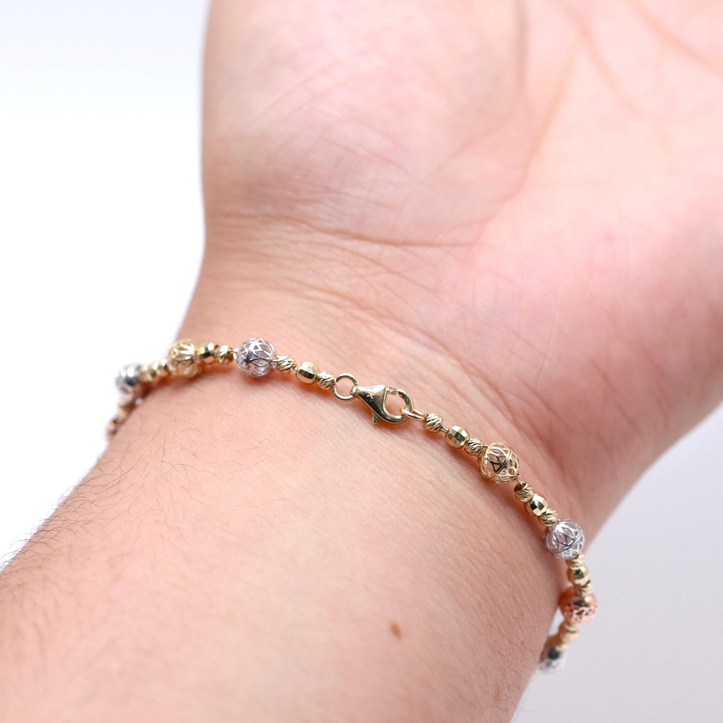 14KT GOLD 3-TONE 5MM BEAD BRACELET SEMISOLID - 2 SIZES AVAILABLE