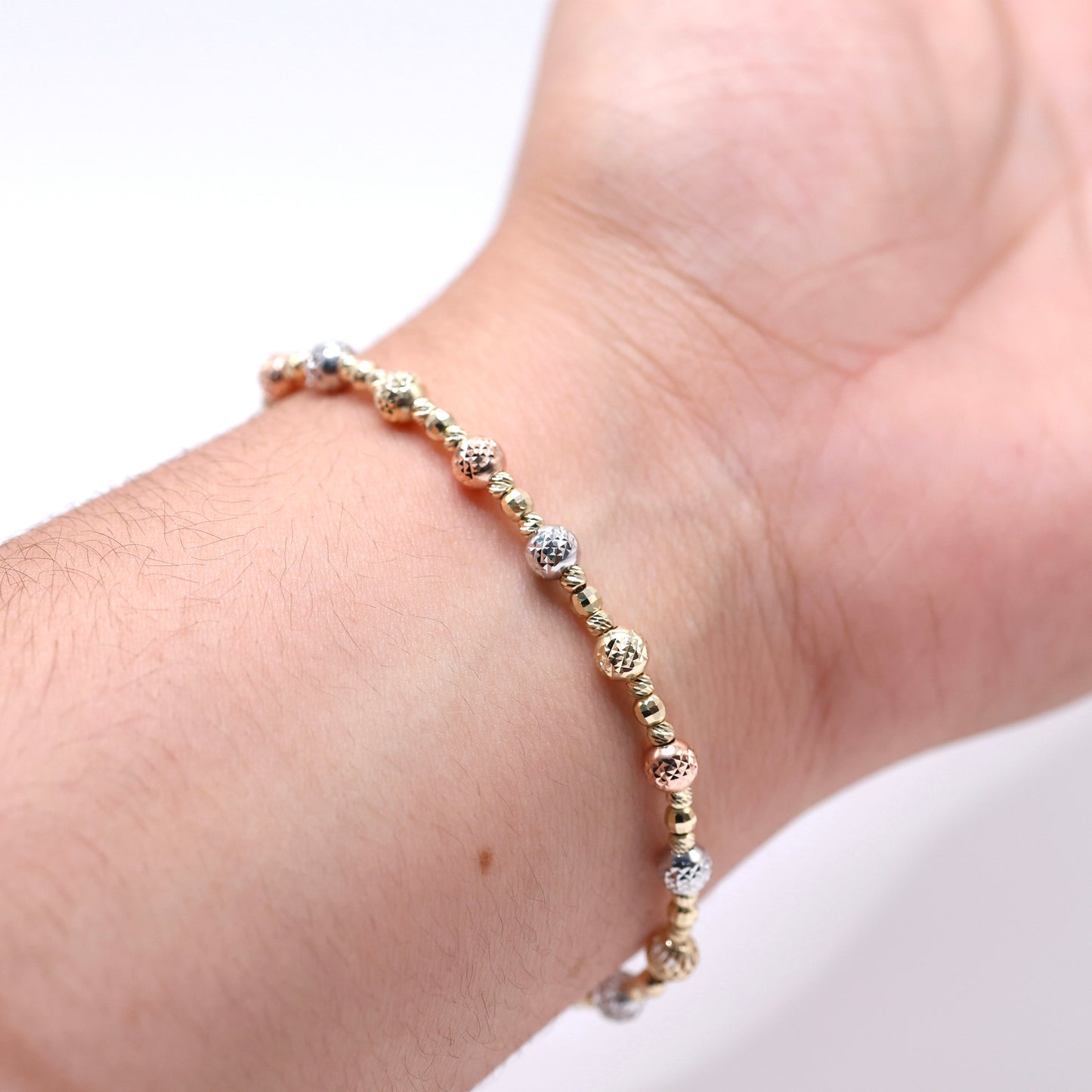 14KT GOLD 3-TONE 5MM BEAD BRACELET SEMISOLID - 2 SIZES AVAILABLE