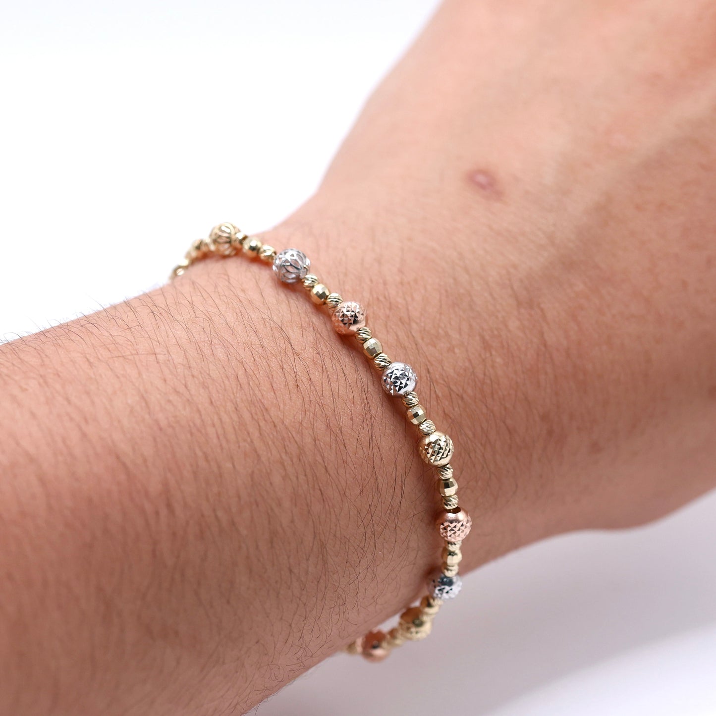 14KT GOLD 3-TONE 5MM BEAD BRACELET SEMISOLID - 2 SIZES AVAILABLE