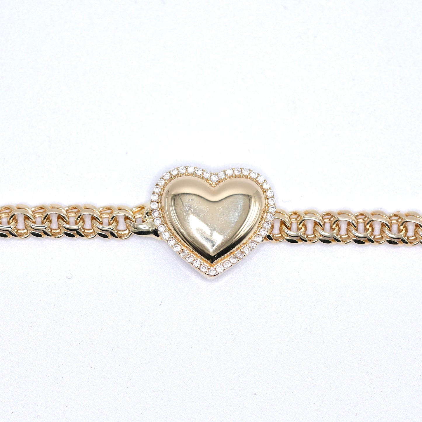 14KT GOLD HEART CHINO LINK BRACELET 5MM WITH CZ OUTLINE SEMISOLID - SIZE 7.5