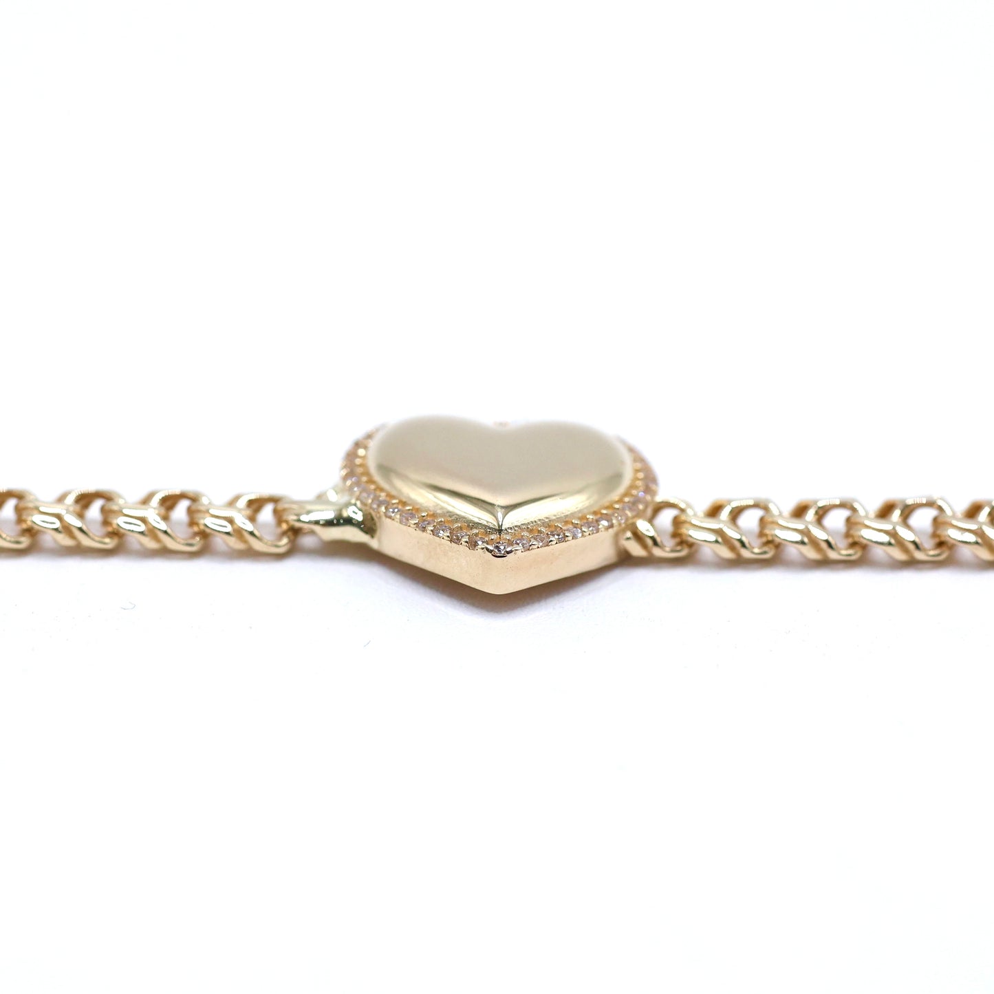 14KT GOLD HEART CHINO LINK BRACELET 5MM WITH CZ OUTLINE SEMISOLID - SIZE 7.5