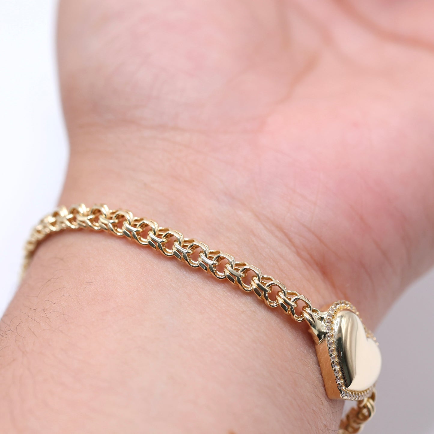 14KT GOLD HEART CHINO LINK BRACELET 5MM WITH CZ OUTLINE SEMISOLID - SIZE 7.5