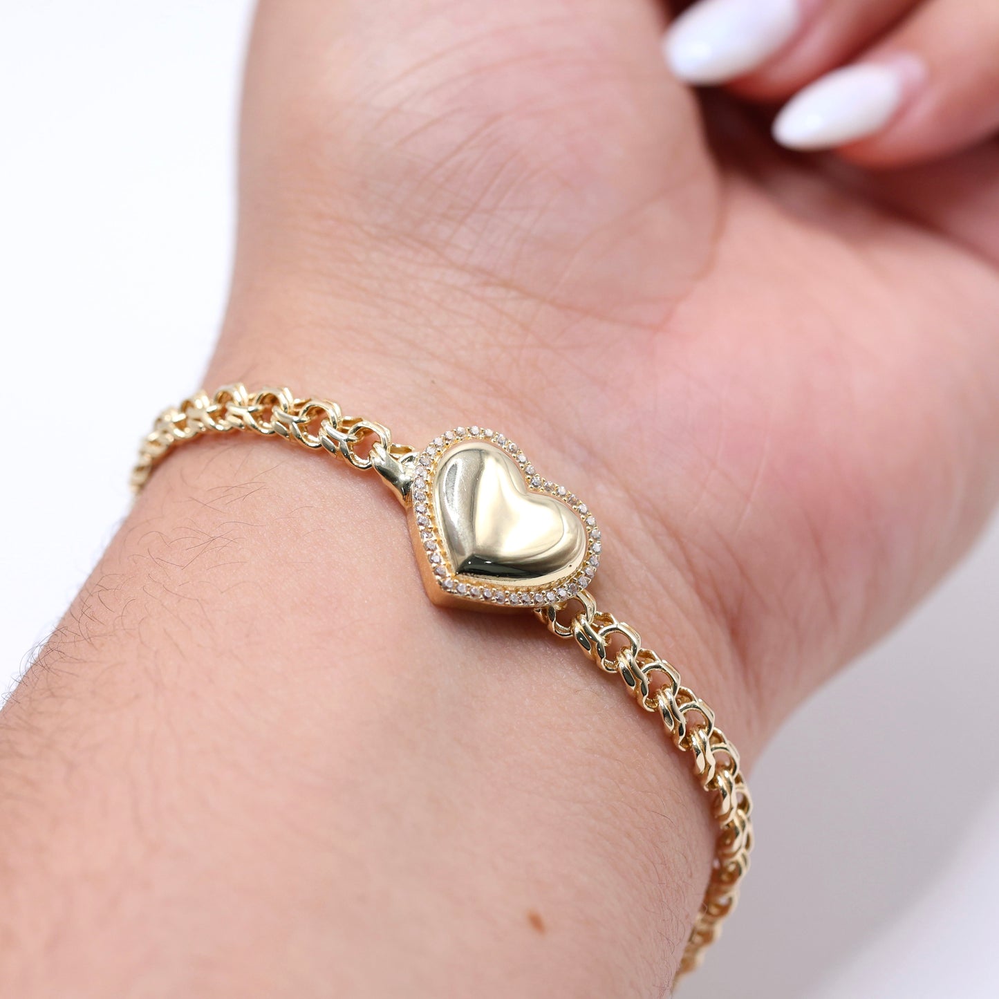 14KT GOLD HEART CHINO LINK BRACELET 5MM WITH CZ OUTLINE SEMISOLID - SIZE 7.5