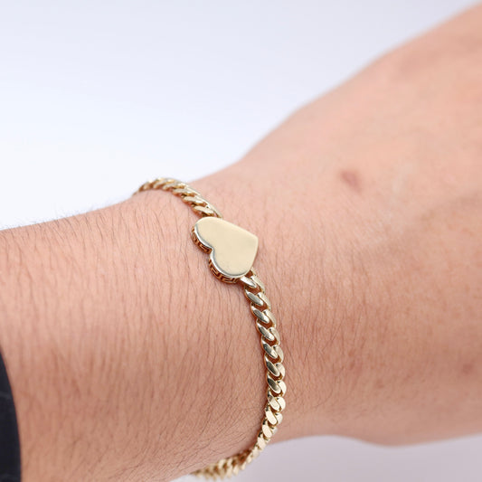 14KT GOLD HEART PLAQUE BRACELET 4.5MM GREEK OUTLINE CUBAN LINK - FREE CUSTOM LASER ENGRAVING