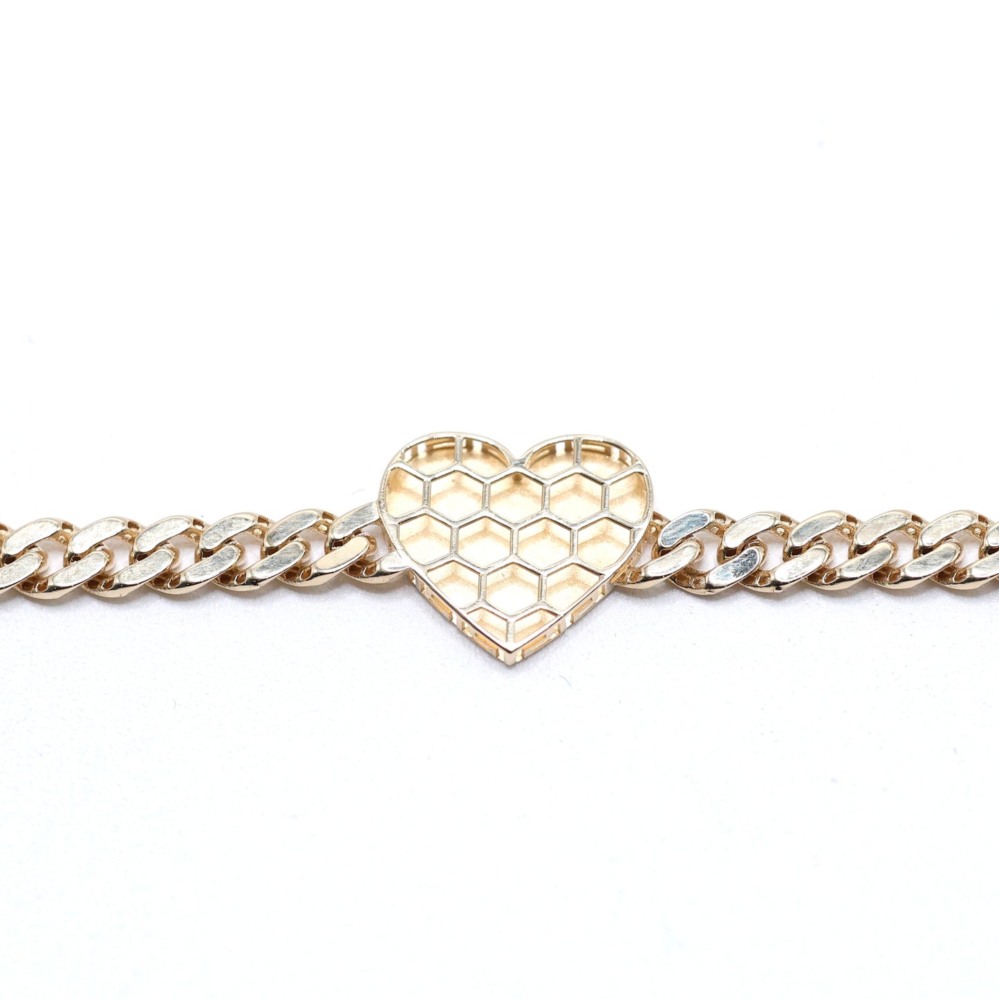 14KT GOLD HEART PLAQUE BRACELET 4.5MM GREEK OUTLINE CUBAN LINK - FREE CUSTOM LASER ENGRAVING