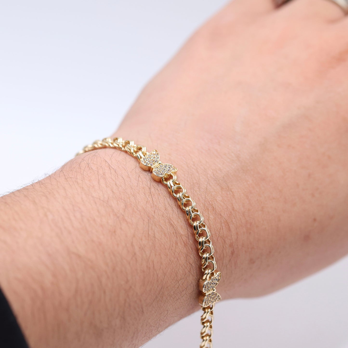 14KT GOLD 3 CZ BUTTERFLIES CHINO LINK BRACELET 5MM - SEMISOLID