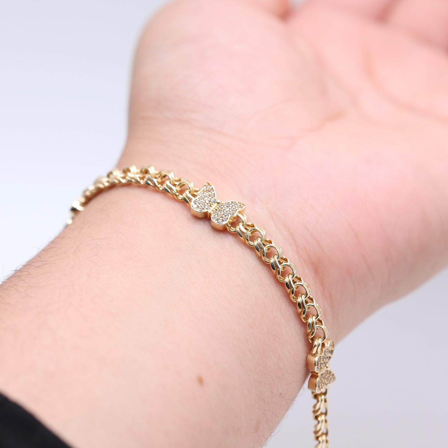 14KT GOLD 3 CZ BUTTERFLIES CHINO LINK BRACELET 5MM - SEMISOLID