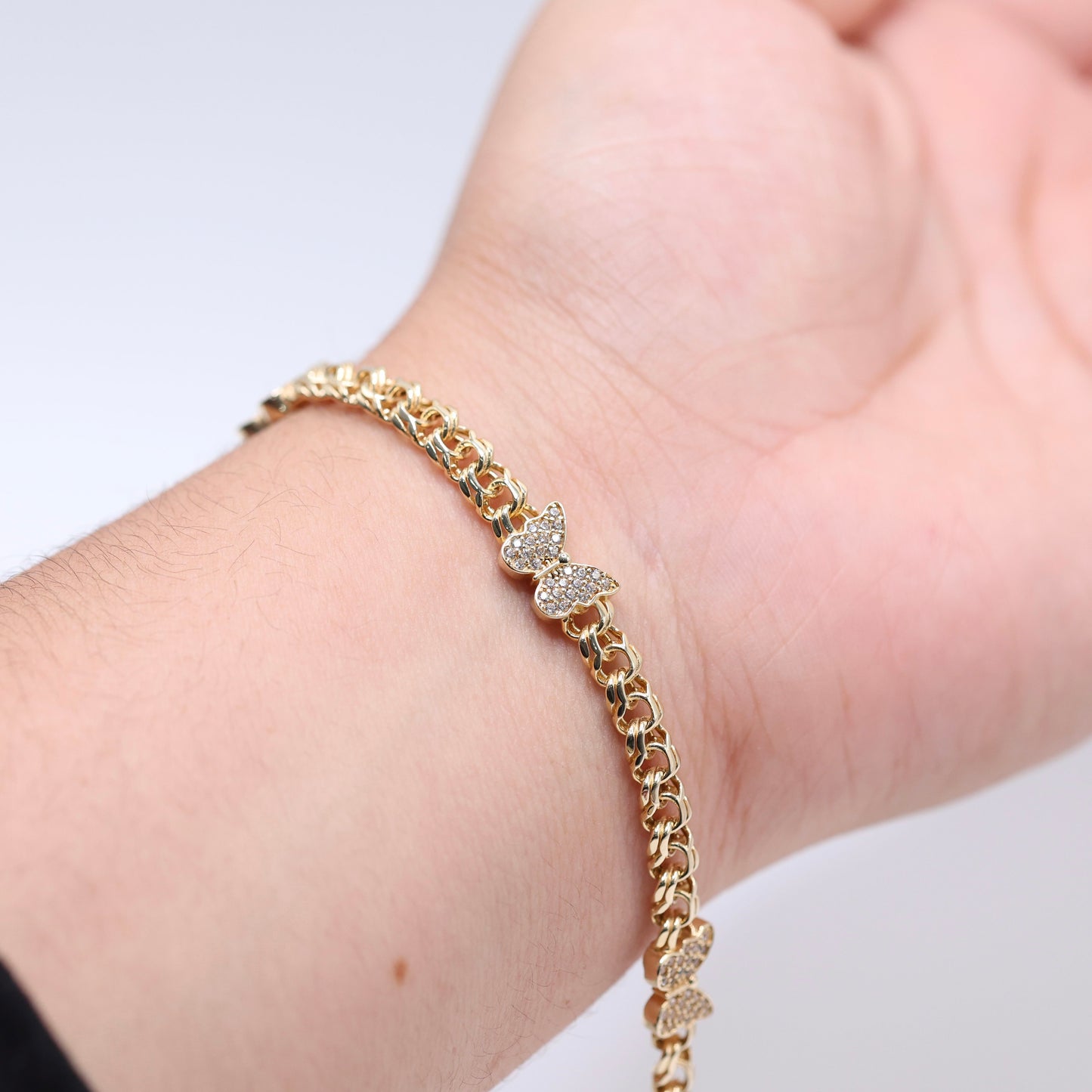 14KT GOLD 3 CZ BUTTERFLIES CHINO LINK BRACELET 5MM - SEMISOLID