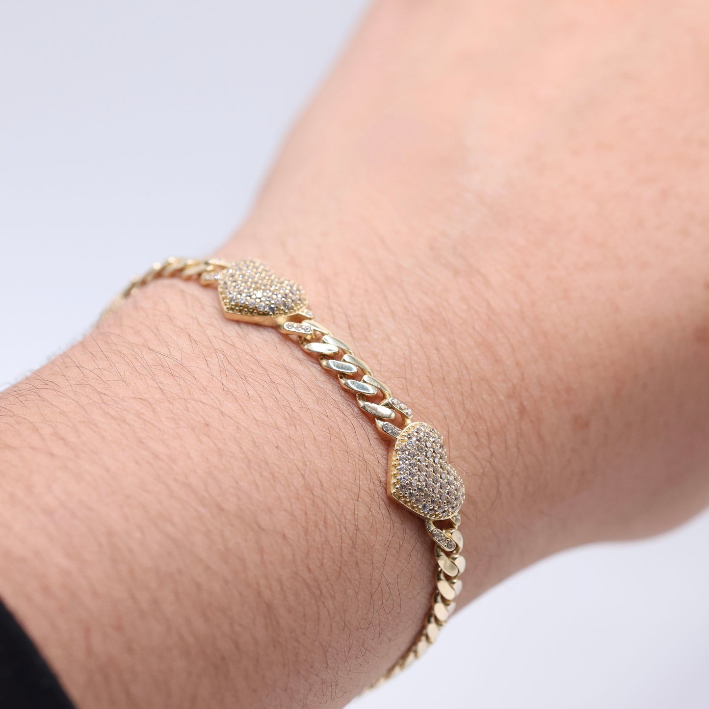 14KT GOLD 3 HEART CZ CUBAN LINK BRACELET 4.5mm W/ LOCK BROCHE SEMISOLID - SIZE 7