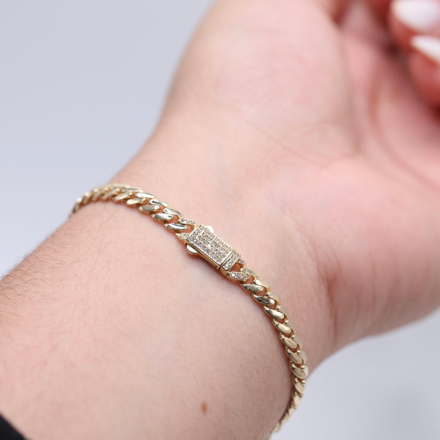 14KT GOLD 3 HEART CZ CUBAN LINK BRACELET 4.5mm W/ LOCK BROCHE SEMISOLID - SIZE 7