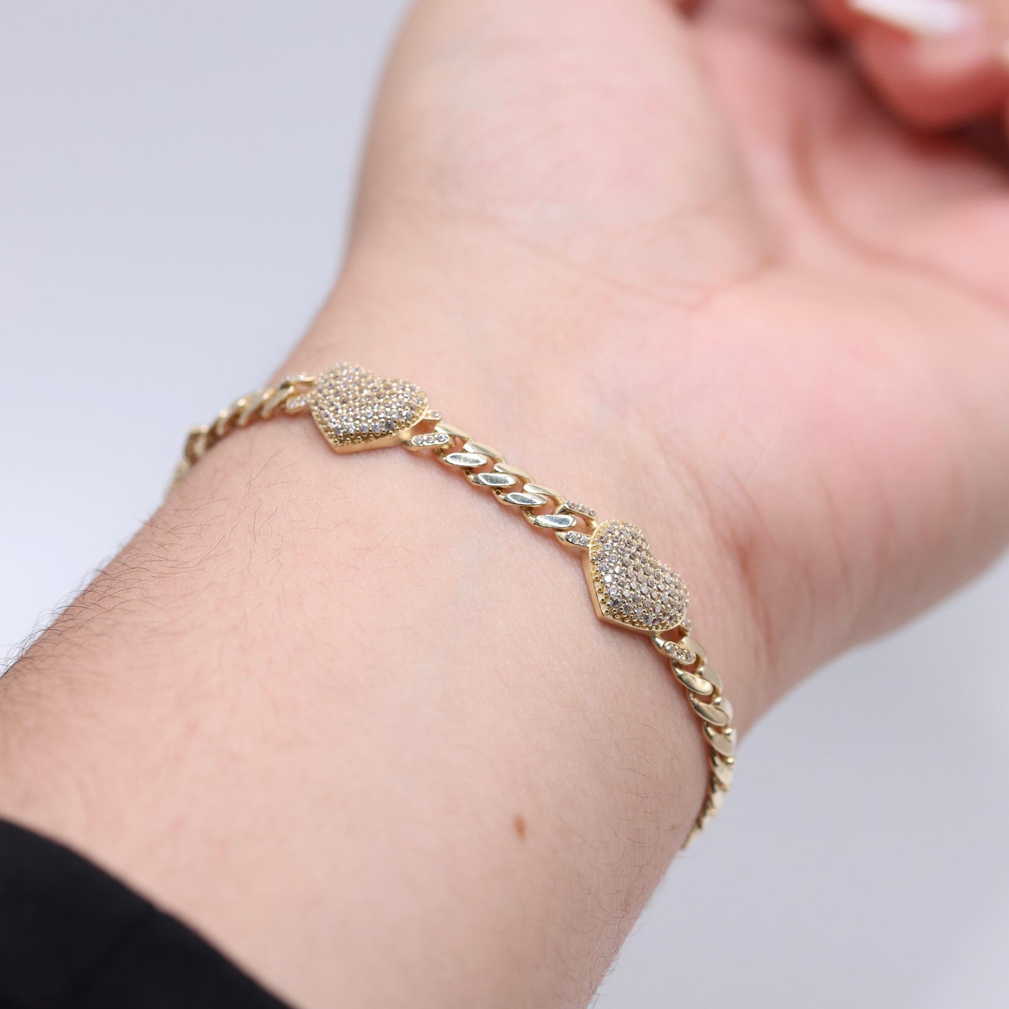 14KT GOLD 3 HEART CZ CUBAN LINK BRACELET 4.5mm W/ LOCK BROCHE SEMISOLID - SIZE 7