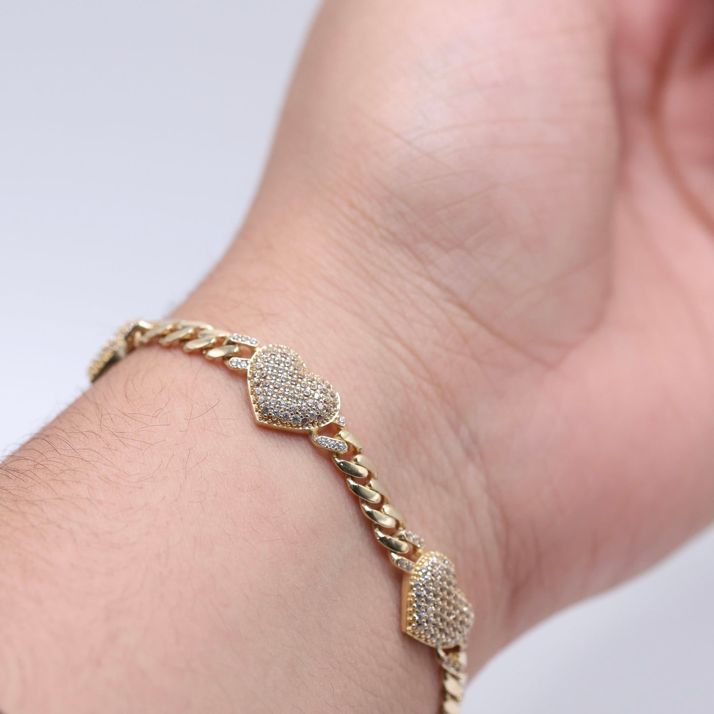 14KT GOLD 3 HEART CZ CUBAN LINK BRACELET 4.5mm W/ LOCK BROCHE SEMISOLID - SIZE 7