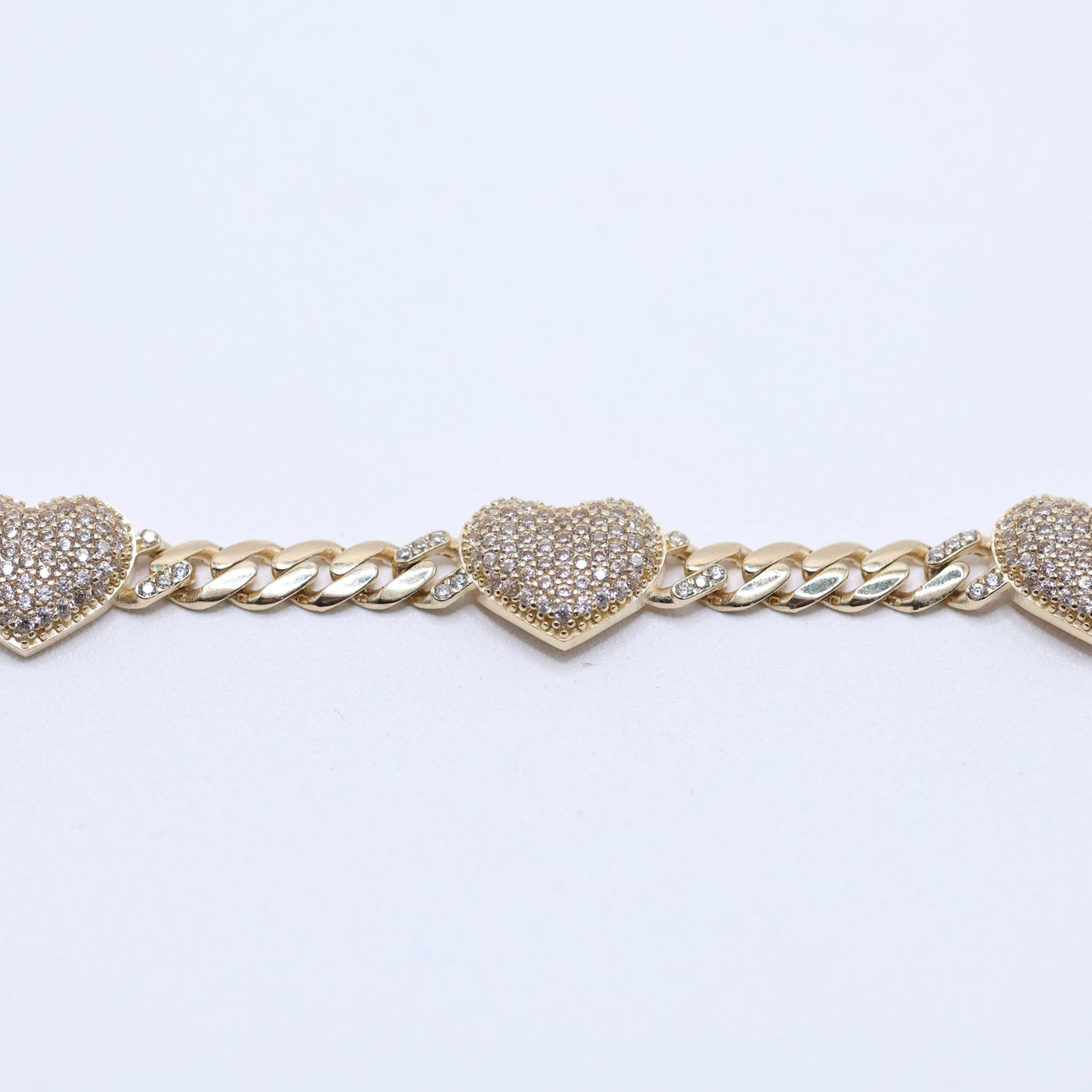 14KT GOLD 3 HEART CZ CUBAN LINK BRACELET 4.5mm W/ LOCK BROCHE SEMISOLID - SIZE 7