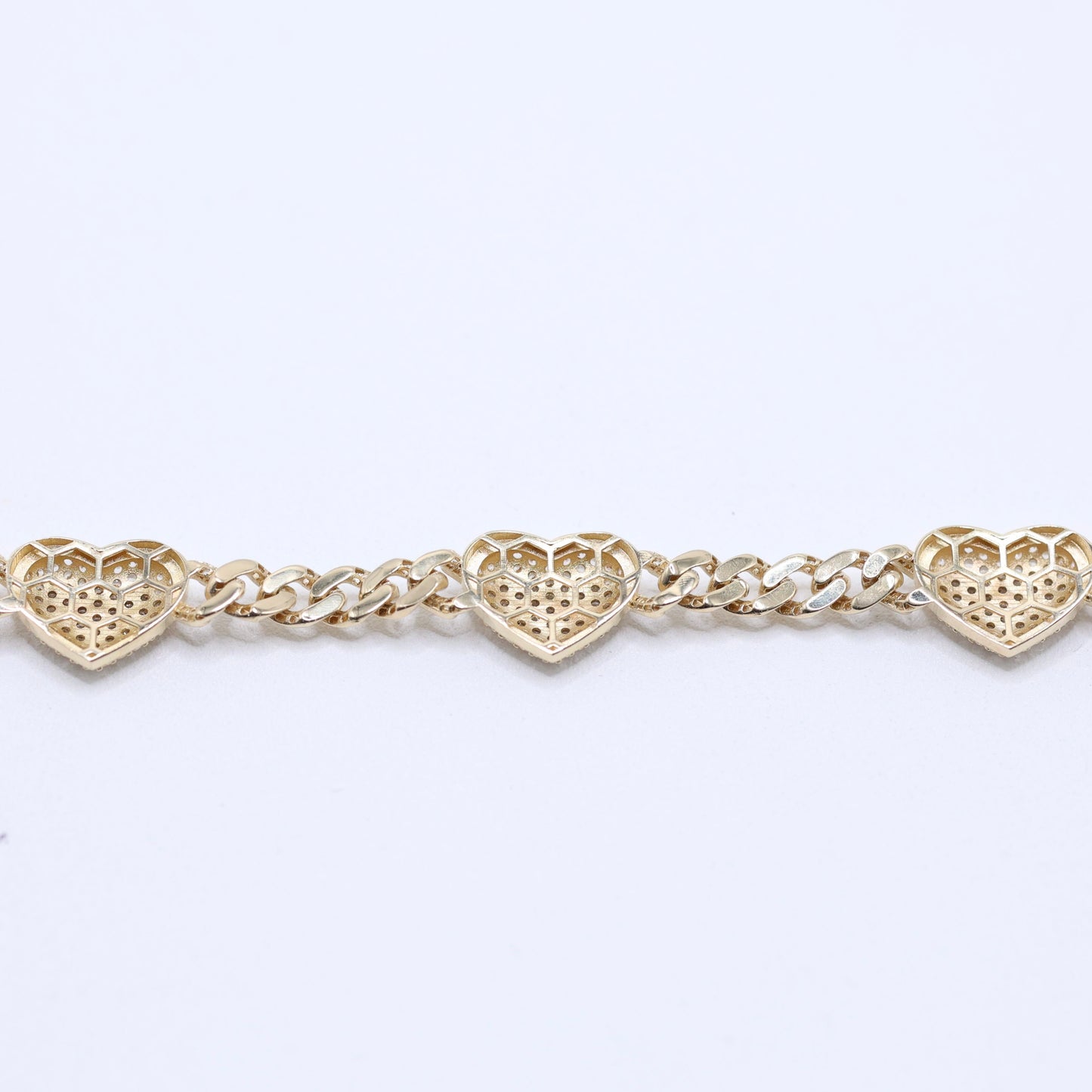 14KT GOLD 3 HEART CZ CUBAN LINK BRACELET 4.5mm W/ LOCK BROCHE SEMISOLID - SIZE 7