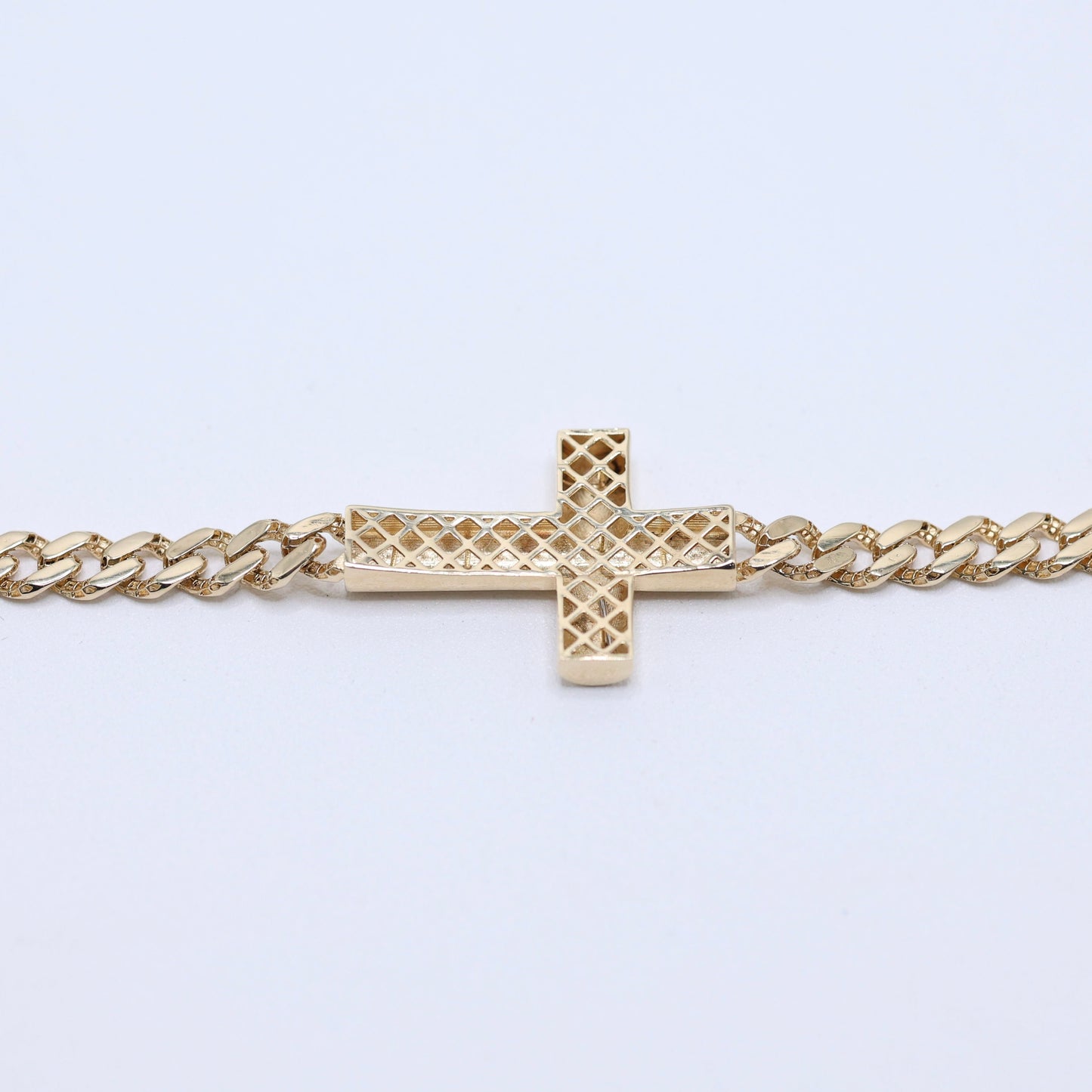 14KT GOLD CROSS W CUBAN LINK 5mm BRACELET SEMISOLID - SZ 7