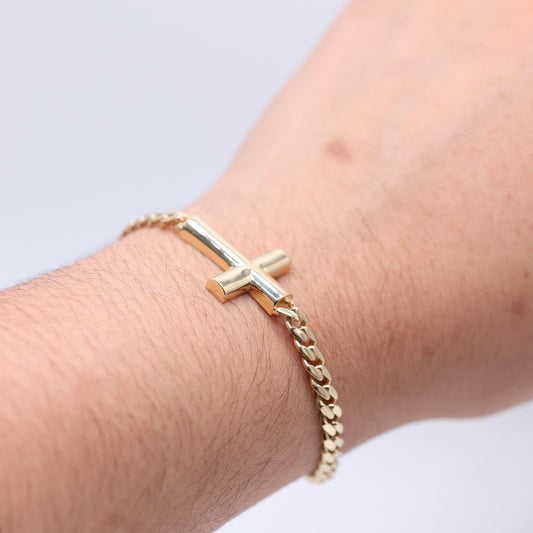 14KT GOLD CROSS W CUBAN LINK 5mm BRACELET SEMISOLID - SZ 7