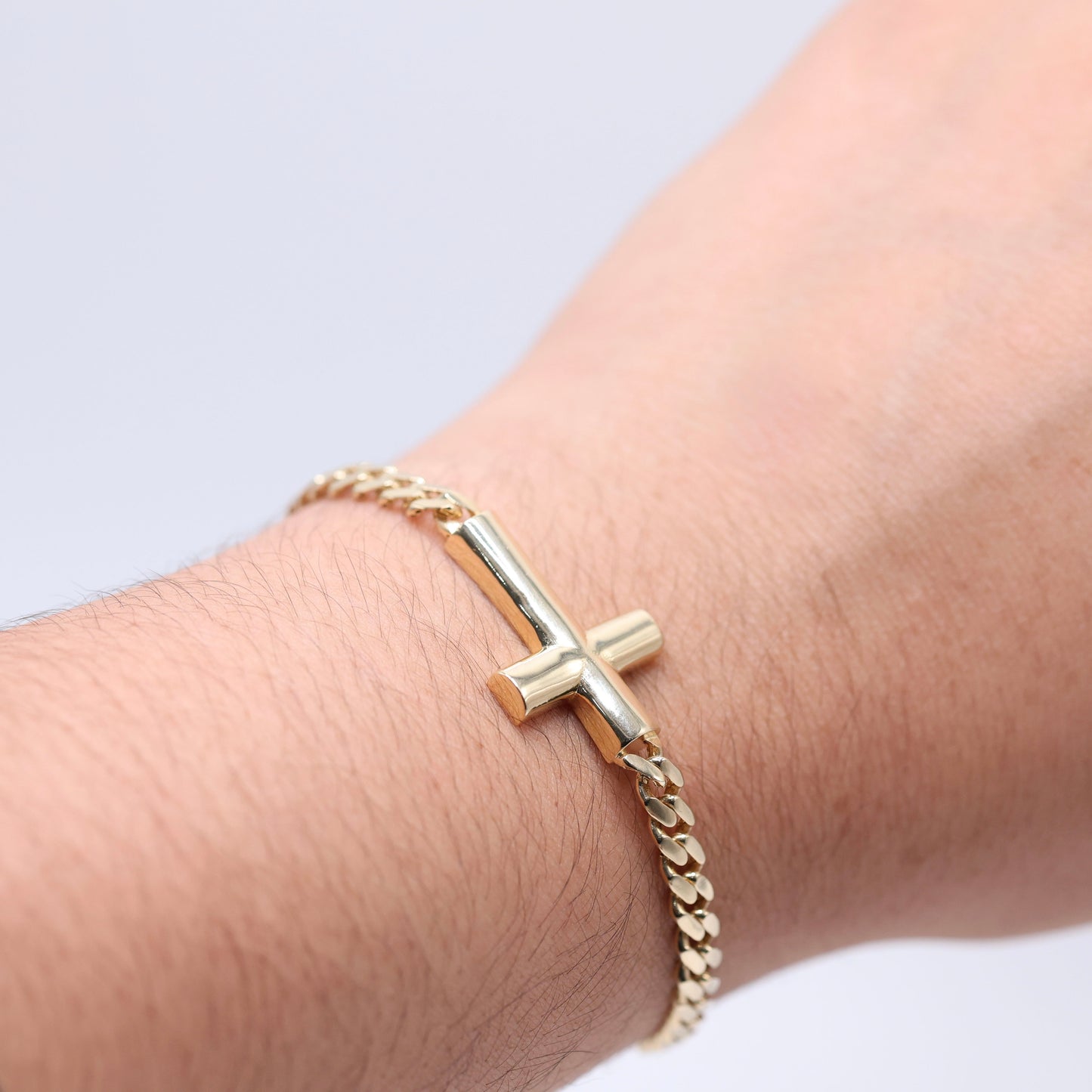14KT GOLD CROSS W CUBAN LINK 5mm BRACELET SEMISOLID - SZ 7